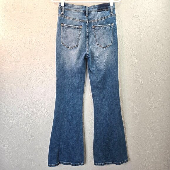 Risen Embellsied Flare Jeans High Waisted Dark Blue Wash Stretch Denim Size 26 - Picture 6 of 12